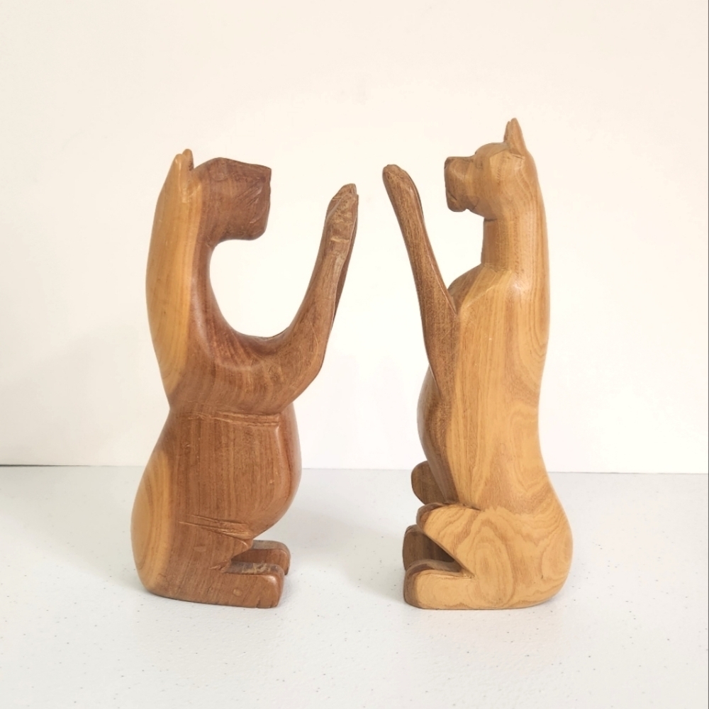 Vintage Wood Cats His Hers Carved Sculpture Eclectic Boho Carving Cat Lady